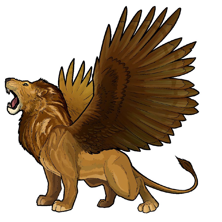 Un animal semellante a un león con alas de anxo