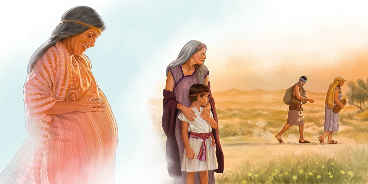Sara embarazada de Isaac. Sara termando de Isaac mentres miran como Hagar e Ismael marchan camiño do deserto