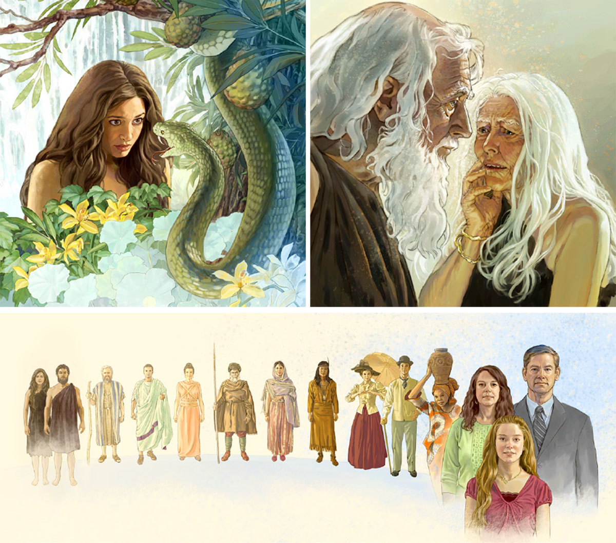 Colaxe: 1. Satán usando unha serpe para falar con Eva. 2. Adam e Eva vellos e débiles. 3. Unha serie de persoas dende Adam e Eva ata o presente, representando varios períodos de tempo, razas e culturas