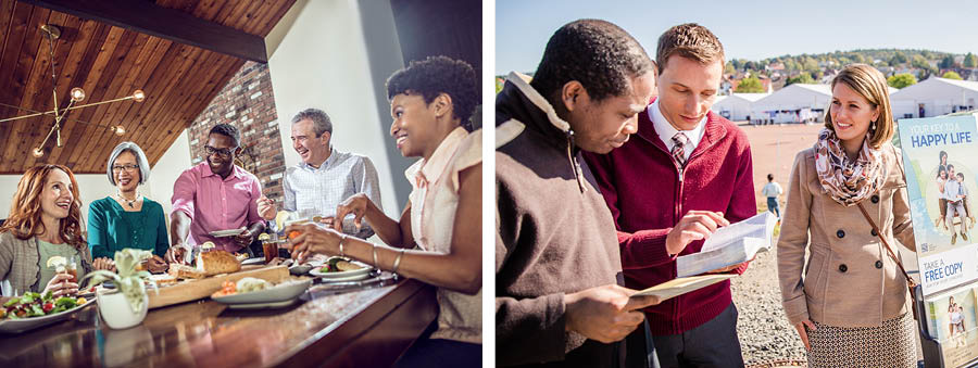 Imaxes: Maneiras de mostrar imparcialidade. 1. Cinco amigos de distintas idades e razas desfrutando dunha comida xuntos nunha casa. 2. Unha parella predicándolle a un home doutra raza preto dun campo de refuxiados