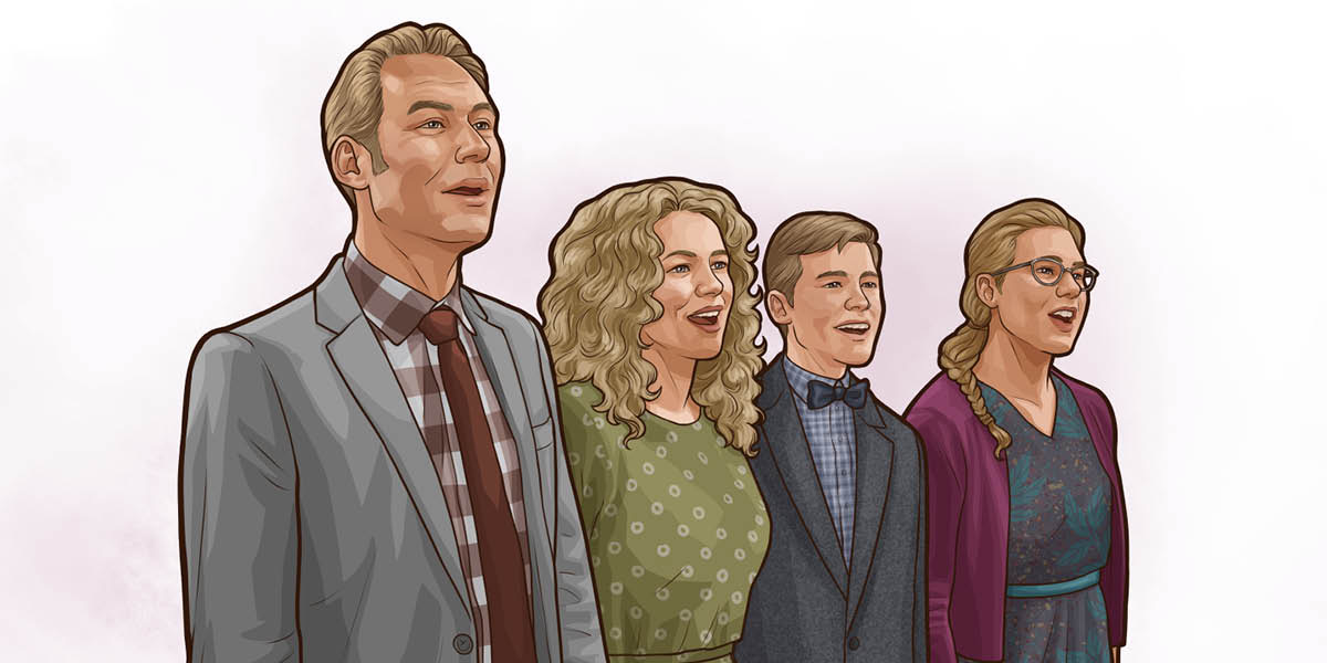 Os membros dunha familia cantando xuntos nunha reunión