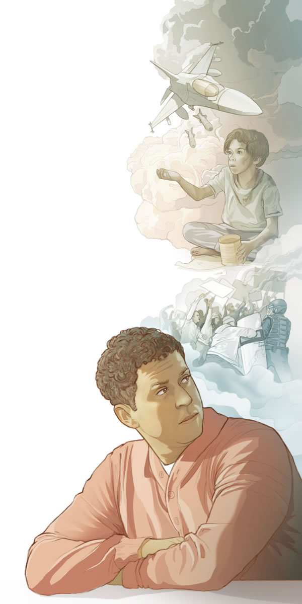 Un home pensando en como se están cumprindo por todo o mundo as cousas que a Biblia predixo, como as guerras, a fame e a rebelión contra as autoridades.