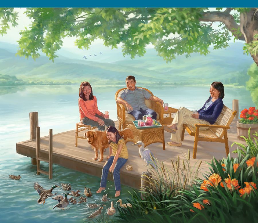 En el Paraíso, una familia disfrutando tranquilamente en un pequeño muelle de madera a la orilla de un lago.