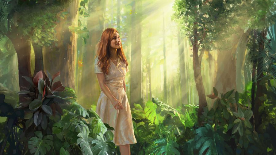 Una mujer que ha alcanzado la perfección. Va caminando por el bosque mientras los rayos del sol resplandecen a través de los árboles.