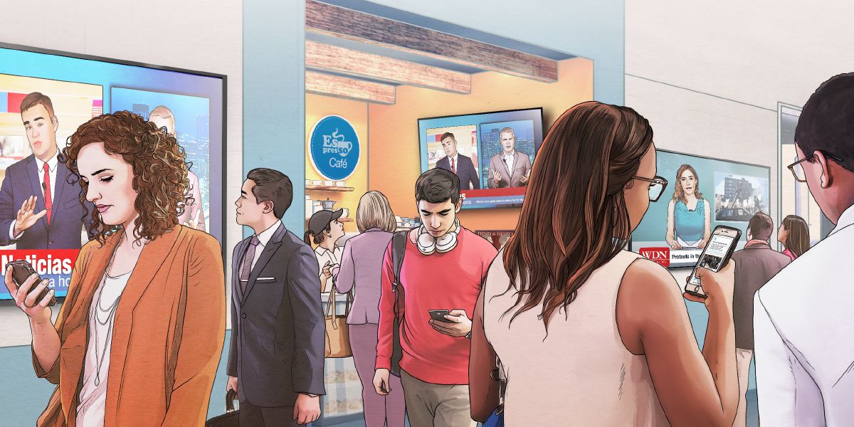 Varias persoas obteñen información da televisión e dos seus teléfonos móbiles