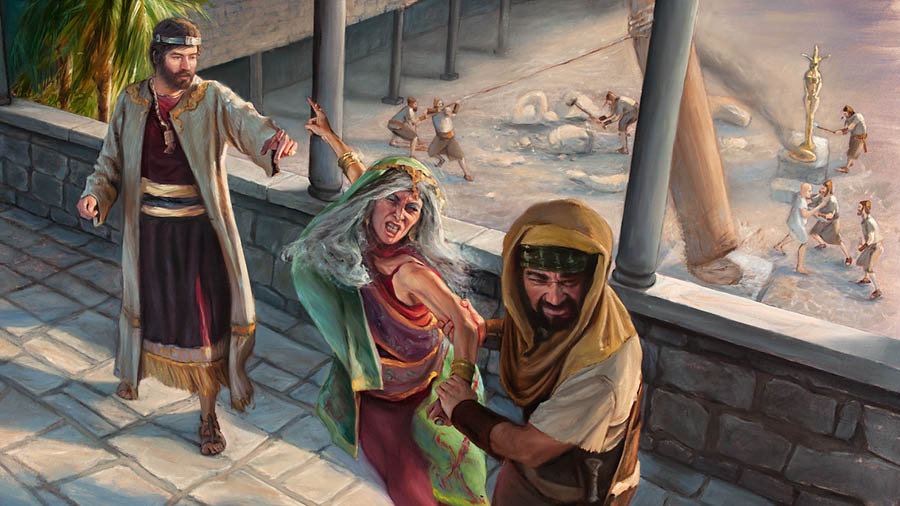 O rei Asá ordenando que quiten a súa avoa Macah da posición de raíña-nai. Un garda cóllea polo brazo e ela resístese. No fondo vénse ós que apoiaron lealmente a Asá destruíndo ídolos.