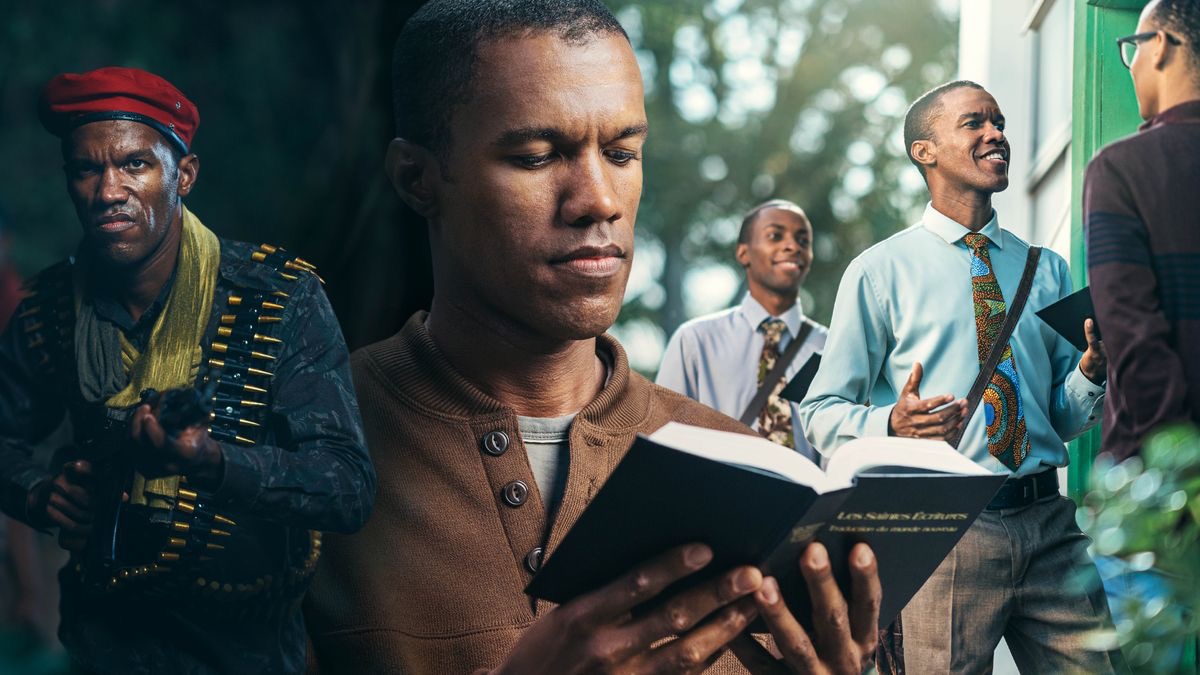 Serie de imaxes: Un irmán que representa a Jean. 1. Levando un arma e un cinto con munición. 2. Lendo a Biblia. 3. Predicándolle a un home.