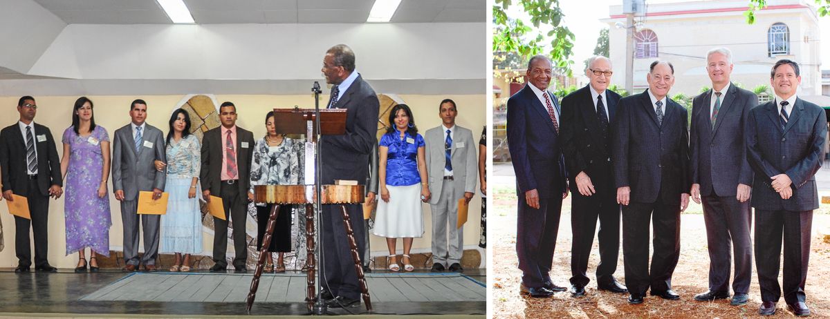 Serie de imaxes: 1. Gustavo nunha plataforma falándolles ós que están detrás del e que se graduaron no Curso Bíblico para Matrimonios Cristiáns. 2. Gustavo de pé con outros catro membros do Comité de Sucursal.