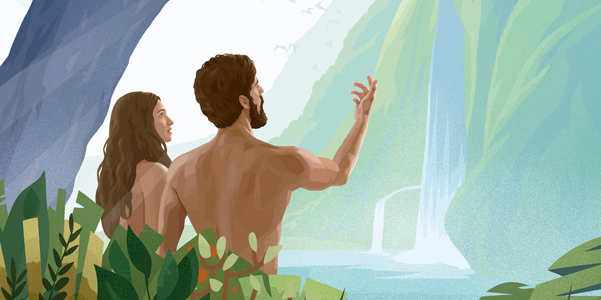 Adam e Eva contemplando unha catarata no xardín de Edén.