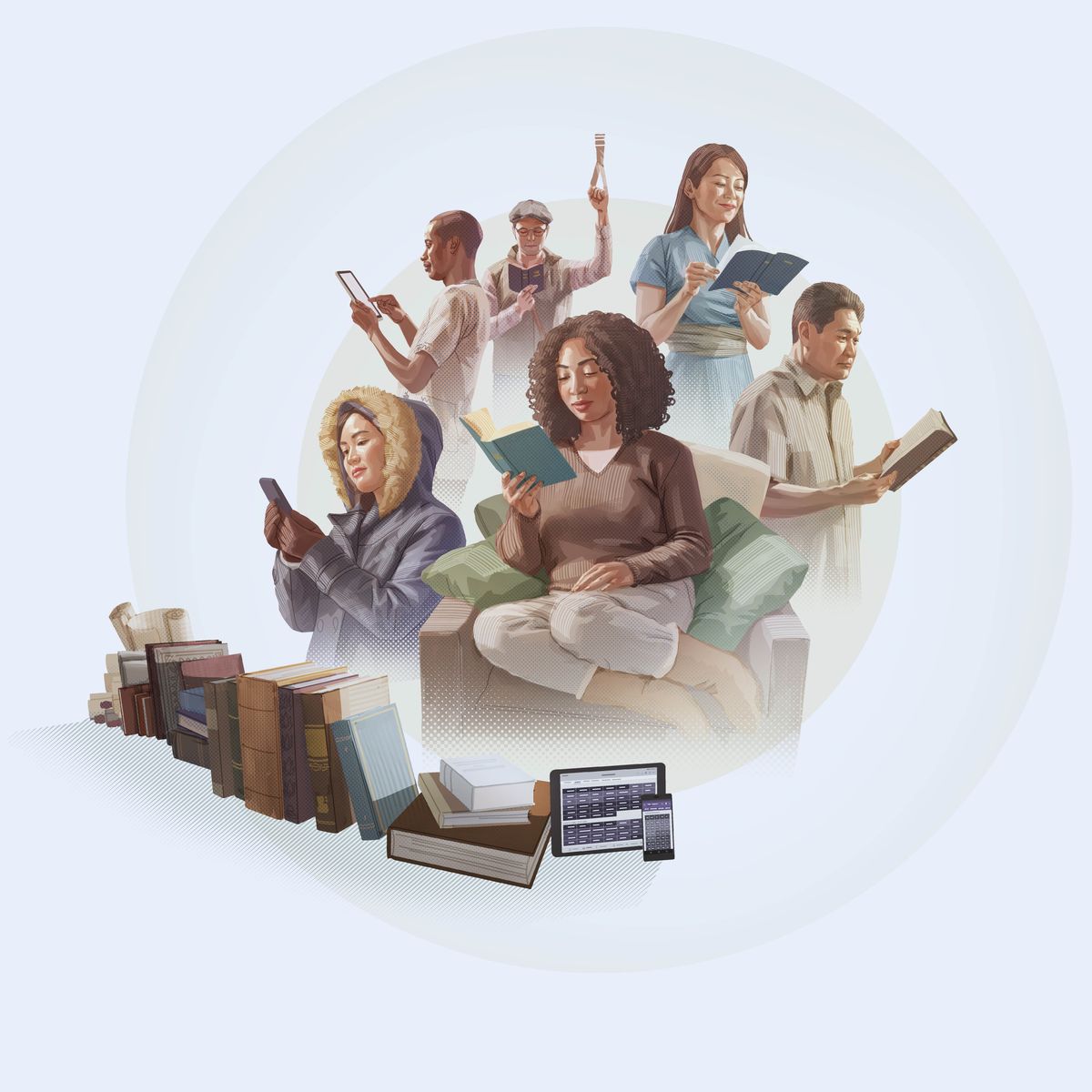 Persoas de diferentes nacionalidades lendo a Biblia. Na parte de diante da ilustración vense varias Biblias en formato impreso e dixital.