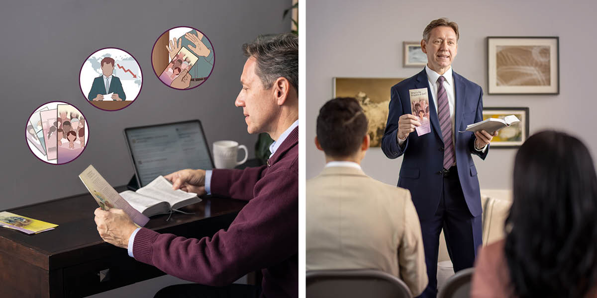 Fotokuéra: 1. Peteĩ ermáno ojeprepara hína omoakã hag̃ua pe aty ojejapótava predikasión mboyve. Pe fótope ojekuaa avei unos kuánto tratádo, notisiéro ha peteĩ ogajára orrechasáva peteĩ tratádo. 2. Pe ermáno al ótro día omoakã hína pe aty predikasionrã ha oreko peteĩ tratádo ha ibíblia.