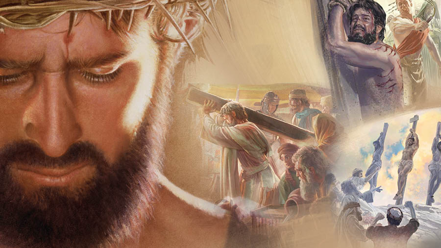 Jesús oreko iñakãre peteĩ koróna ojejapóva ñuatĩgui. Taʼanga: 1. Oñembyepoti chupe peteĩ harreadórpe ha ipo oñeñapytĩ peteĩ póstere. 2. Haʼe ogueraha pe yvyra oñemosaingotahápe chupe heta hénte rovake. 3. Haʼe osaingo pe yvyráre ha mokõi kriminál oĩ hína avei ijykére. Umi omañáva oñembohory hese.