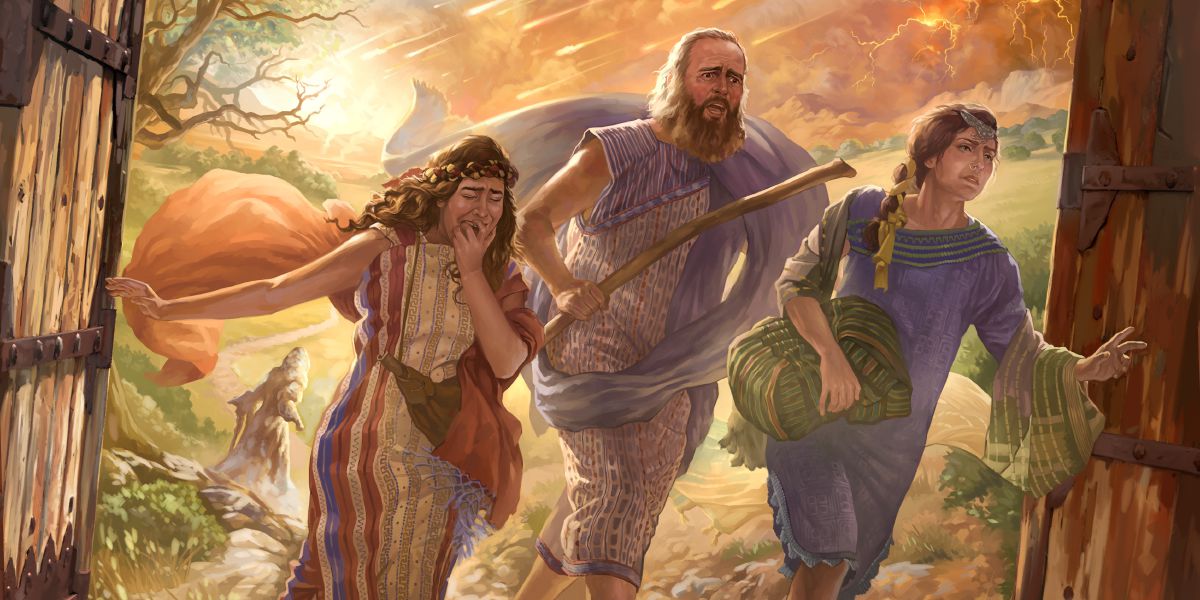 Lot’s wife turns into a pillar of salt as Lot and his daughters escape Sodom
