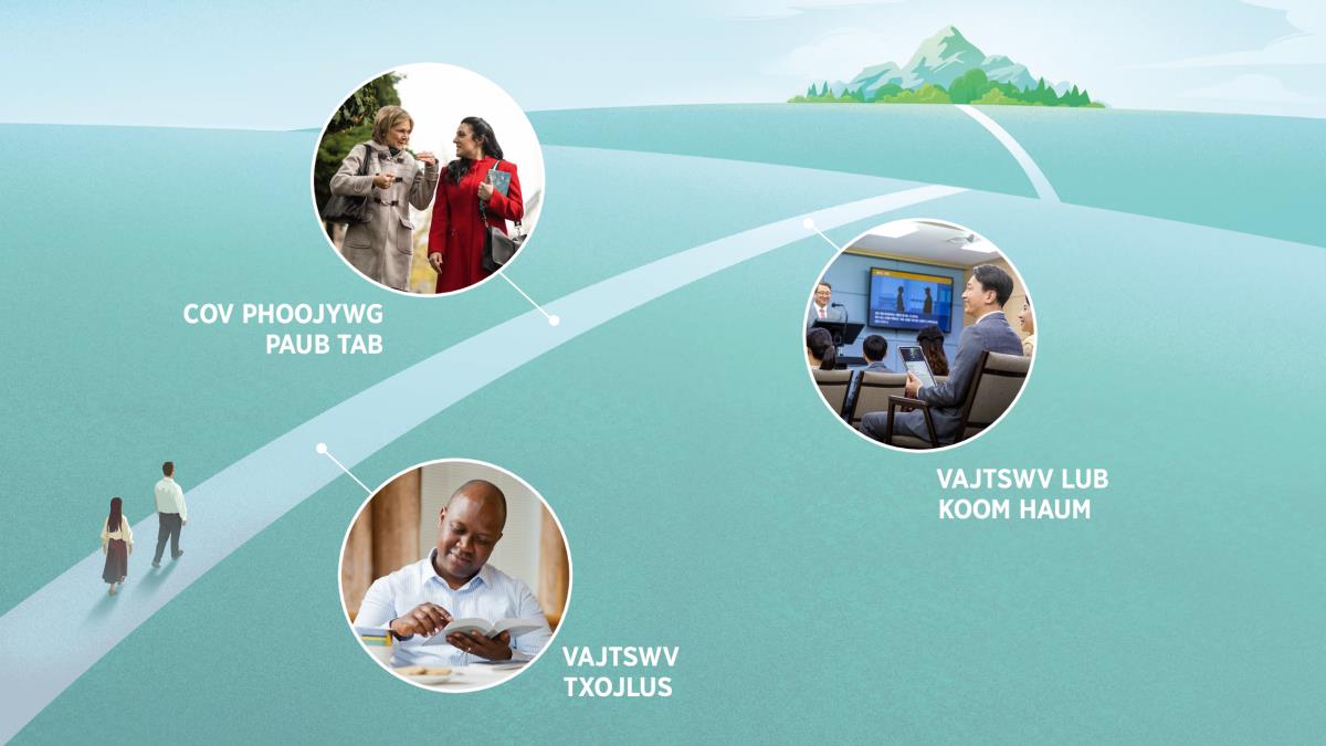 Cov duab: Ob niam txiv taug txojkev nqaim mus rau pem roob. Nyob ntawm ob sab ntug kev muaj 3 daim duab uas qhia txog 3 yam uas yuav pab tau peb hloov. Hauv nqis 7, 9, thiab 14 tham txog cov duab no.