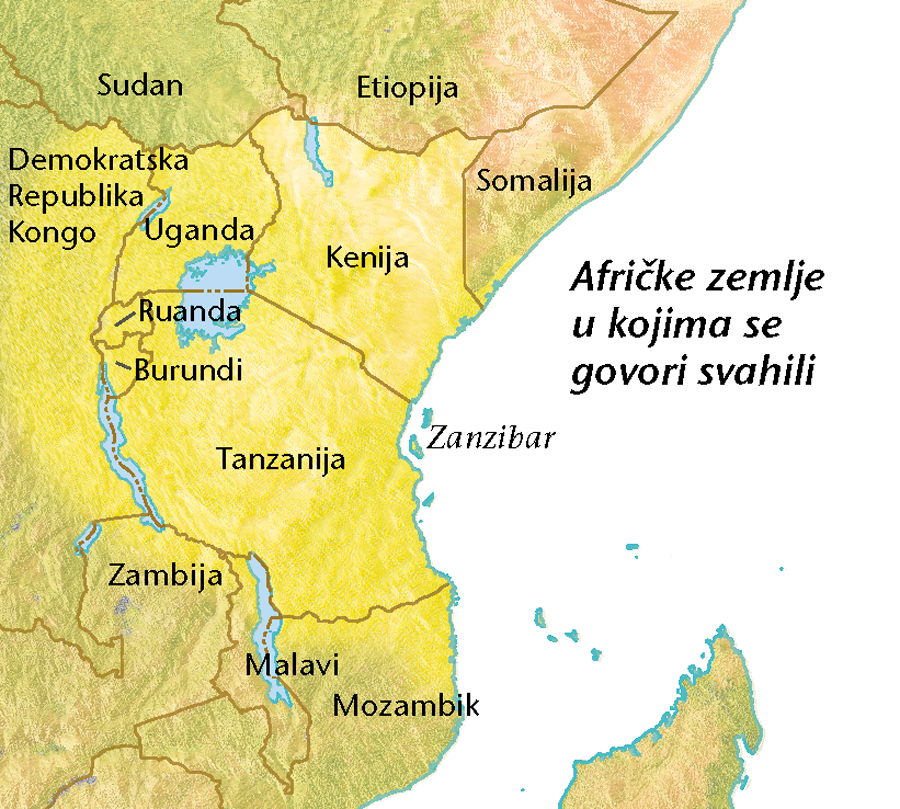 Karta afričkih zemalja u kojima se govori svahili