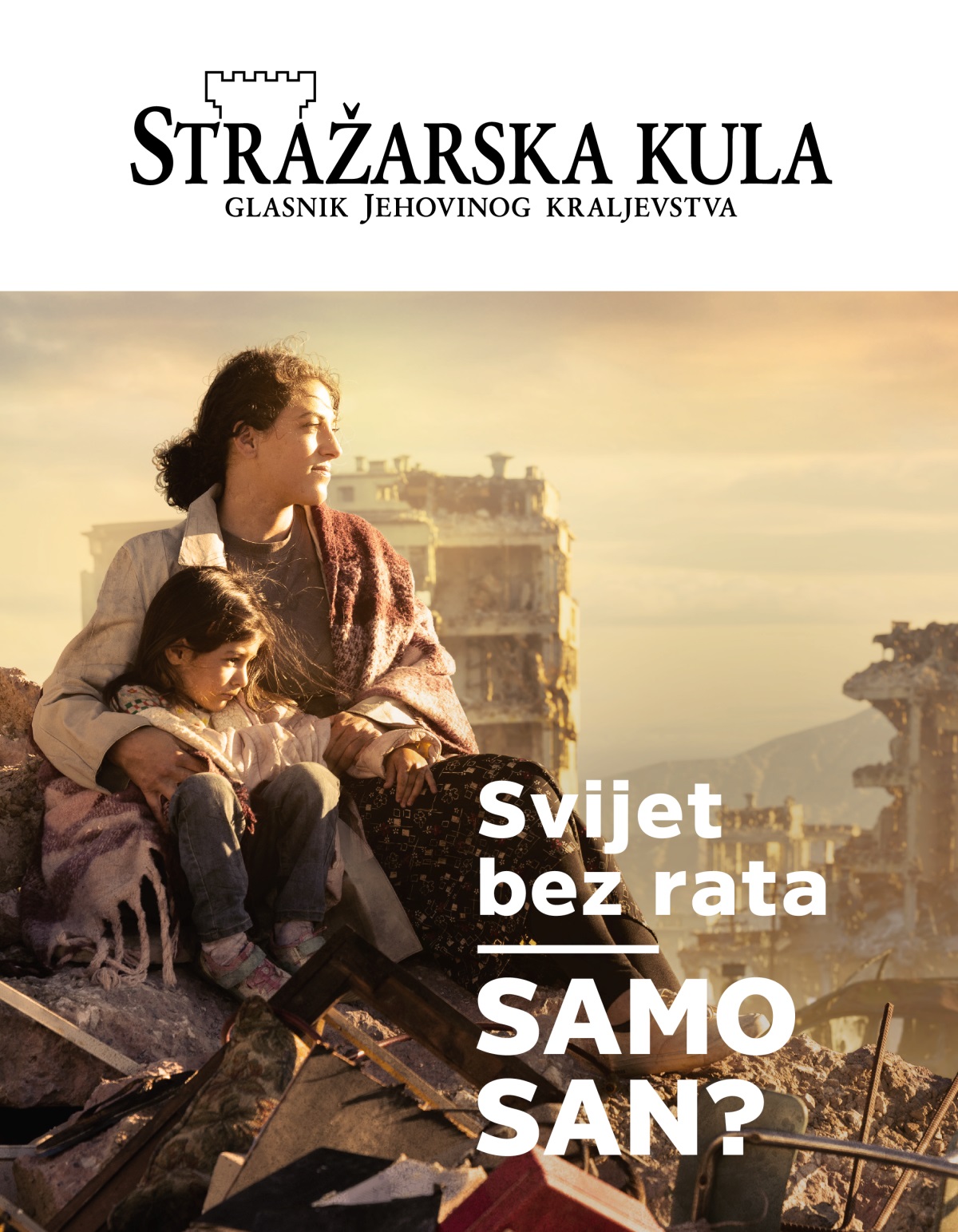 Žena sa svojom kćerkicom sjedi na hrpi ruševina u ratom razorenom gradu. U pozadini se vide uništene zgrade.