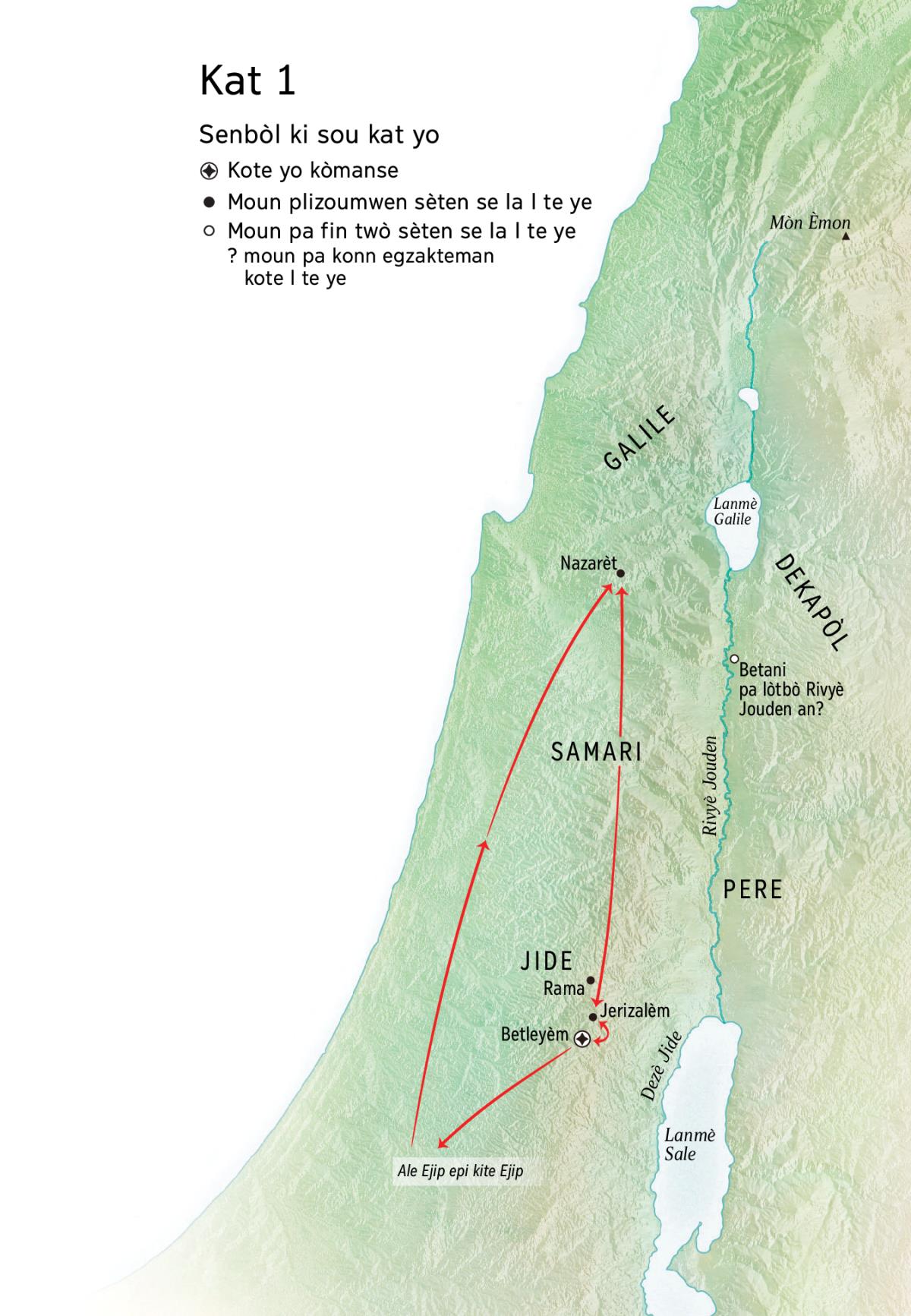 Kat ki montre kote Jezi te pase pandan lavi l: Betleyèm, Nazarèt, Jerizalèm.