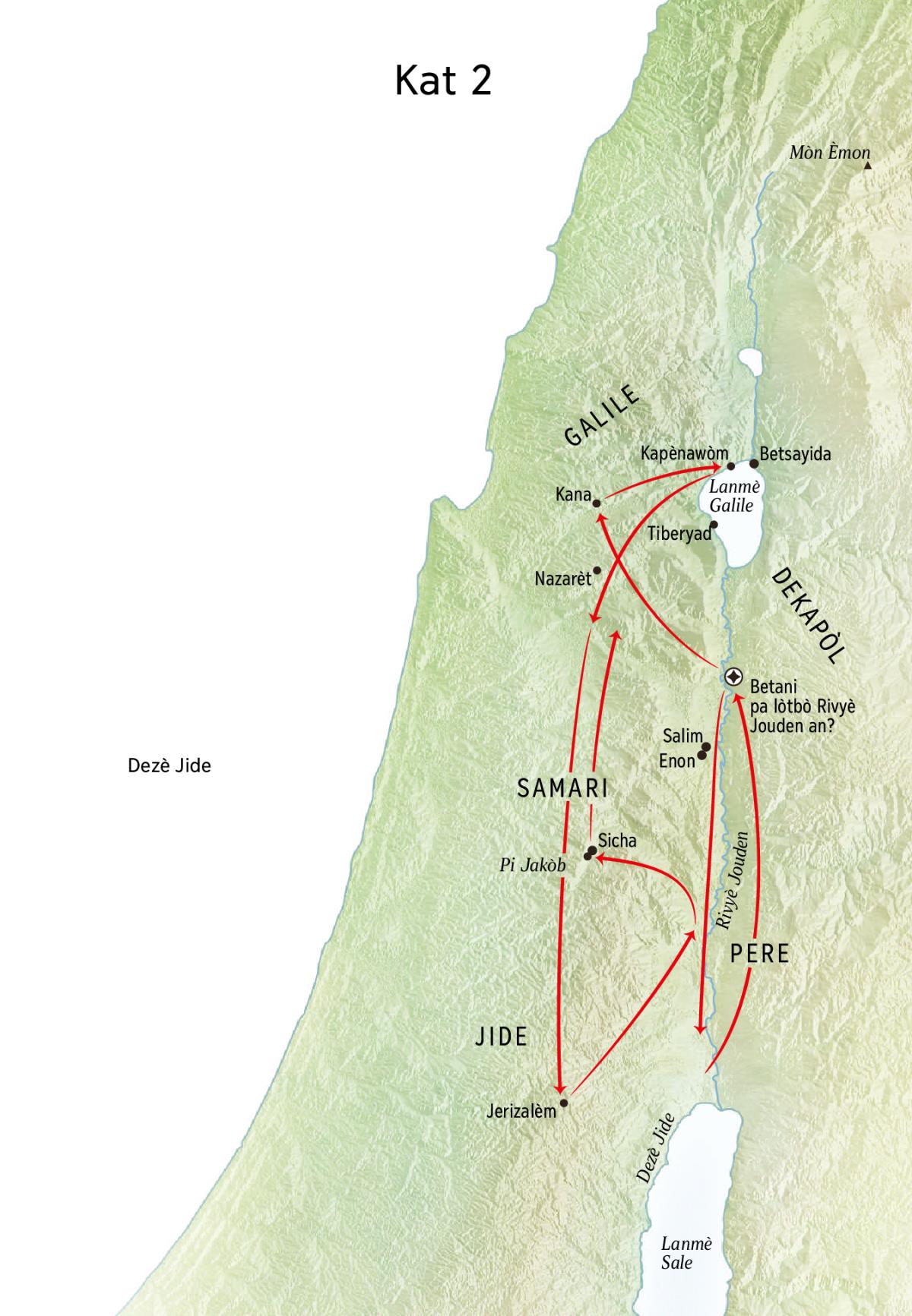 Kat ki montre kote Jezi te pase pandan lavi l, tankou nan zòn Rivyè Jouden an ak Jide.