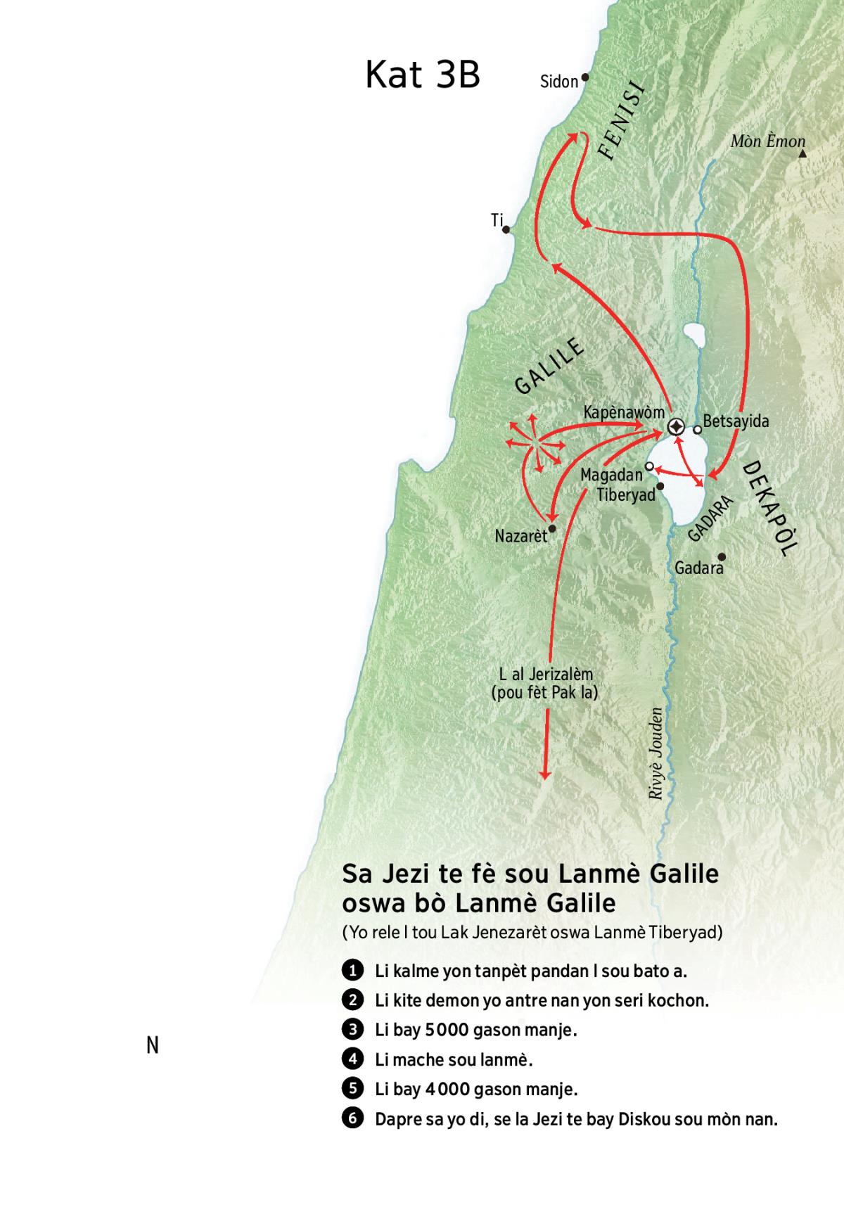 Kat ki montre kote Jezi te pase lè l t ap fè kanpay predikasyon an ozalantou Galile, Fenisi ak Dekapòl.