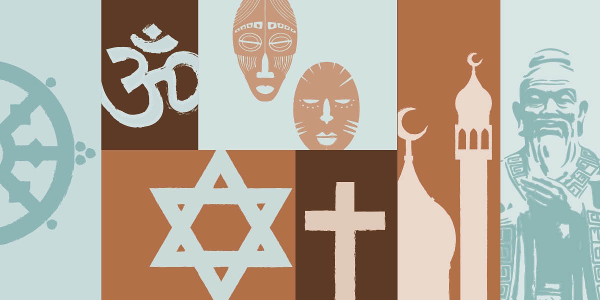 A buddhizmus, a hinduizmus, a törzsi vallások, a judaizmus, a kereszténység, az iszlám és a konfucianizmus vallási jelképei.
