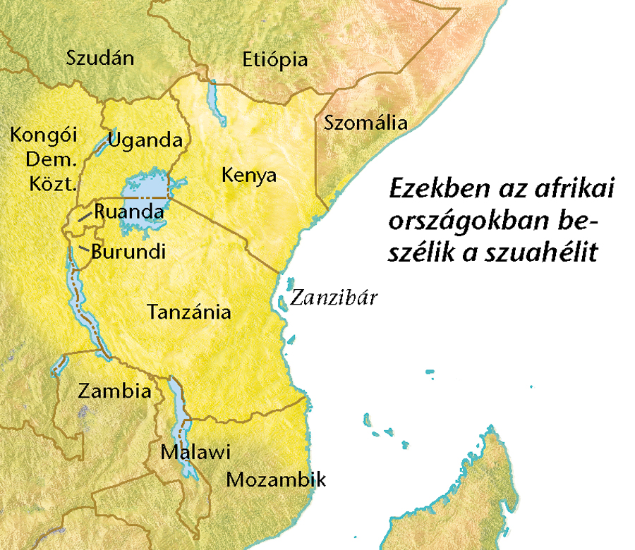 Egy térkép azokról az afrikai országokról, ahol beszélik a szuahélit