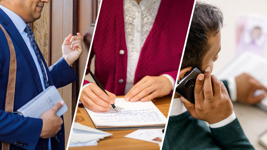 Képösszeállítás különböző tanúskodási módszerekről. 1. Egy testvér házról házra prédikál. 2. Egy testvérnő levelet ír. 3. Egy testvér telefonon tanúskodik.