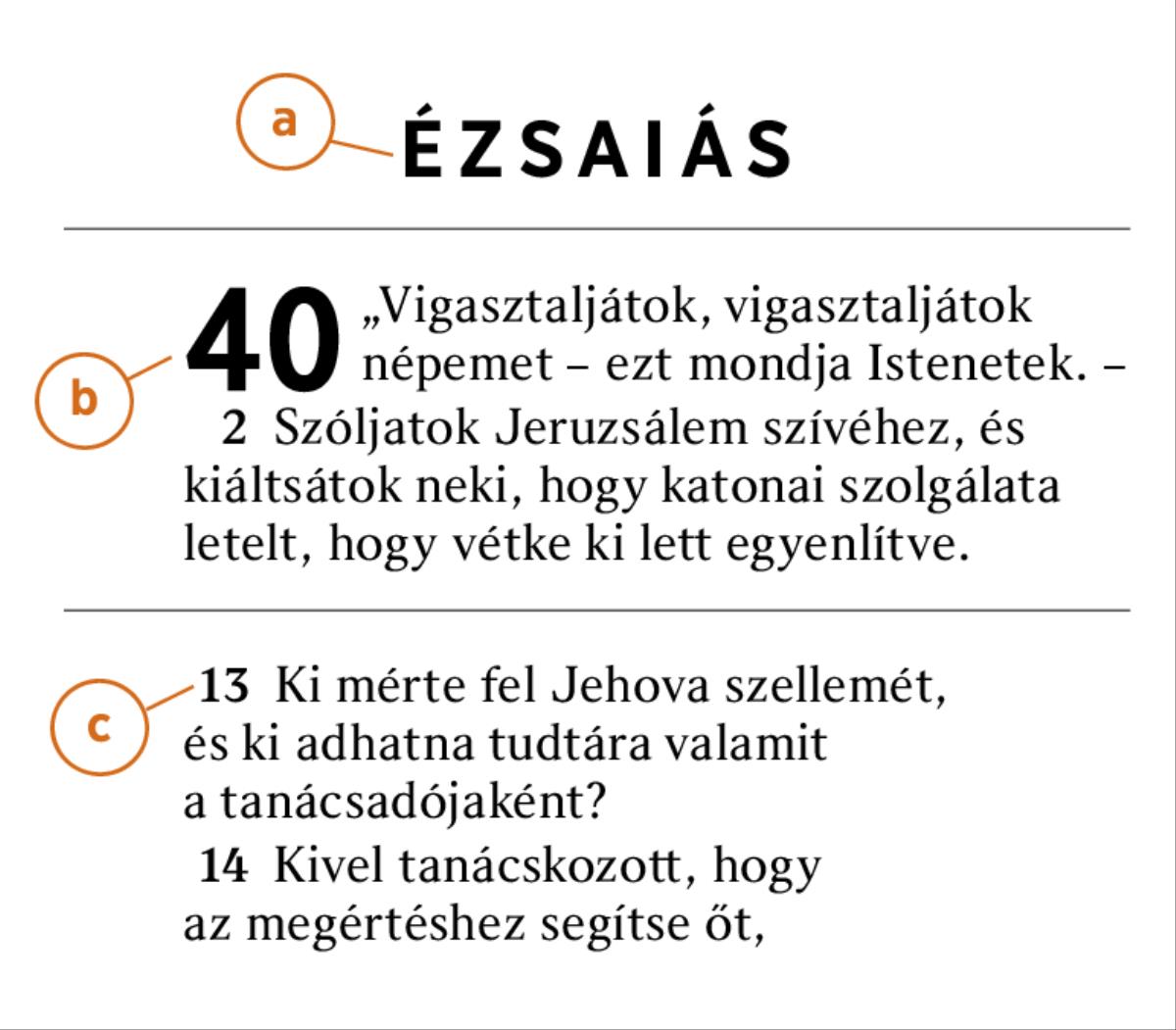 Egy bibliai részlet alapján látható, hogyan lehet beazonosítani a) egy bibliai könyvet, b) fejezetet és c) verset