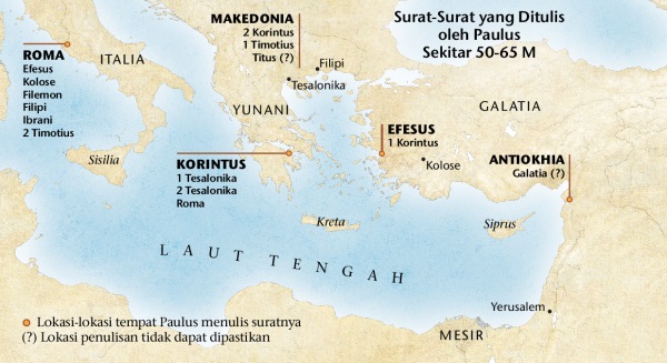 Peta yang menunjukkan di mana Paulus menulis surat-surat