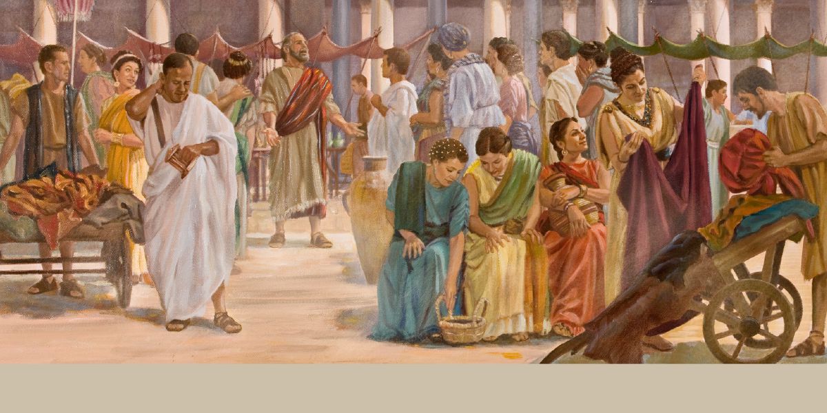 Di Efesus, Paulus mengabar kepada sekumpulan orang di pasar. Orang-orang lain sibuk melakukan kegiatan mereka.