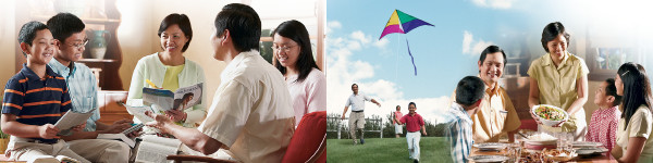 Beberapa gambar: 1. Seorang ayah mengadakan ibadah keluarga bersama istrinya dan tiga anak mereka. 2. Keluarga itu bermain layangan bersama-sama. 3. Keluarga itu makan bersama.