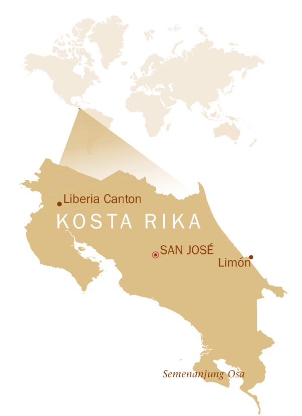 Peta dunia yang menunjukkan letak Kosta Rika