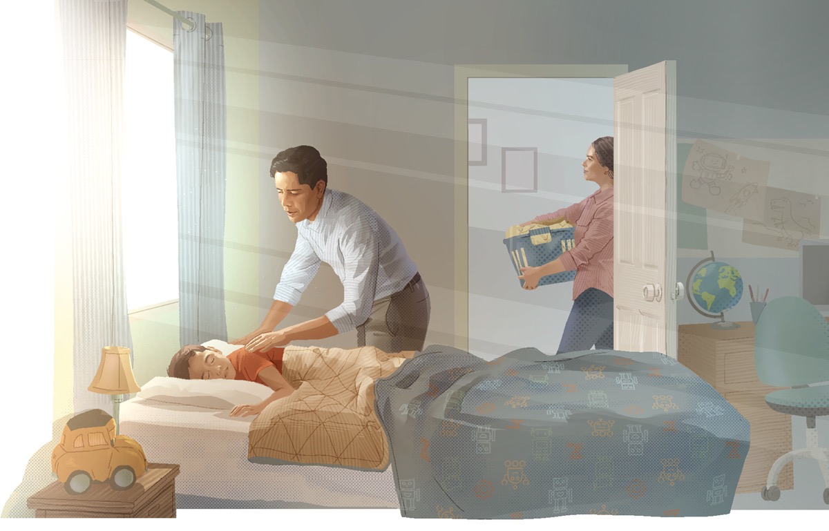 Seorang ayah dengan lembut membangunkan anaknya yang sedang tidur.