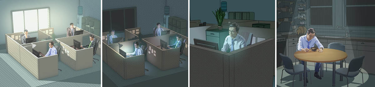 Beberapa gambar: Seorang pria lebih mengutamakan pekerjaan sekulernya. 1. Dia bekerja di kantor pada jam kerja. 2. Dia masih berada di kantor pada malam hari. 3. Semua rekannya sudah pulang tapi dia terus bekerja. 4. Dia makan malam sendirian di rumah.