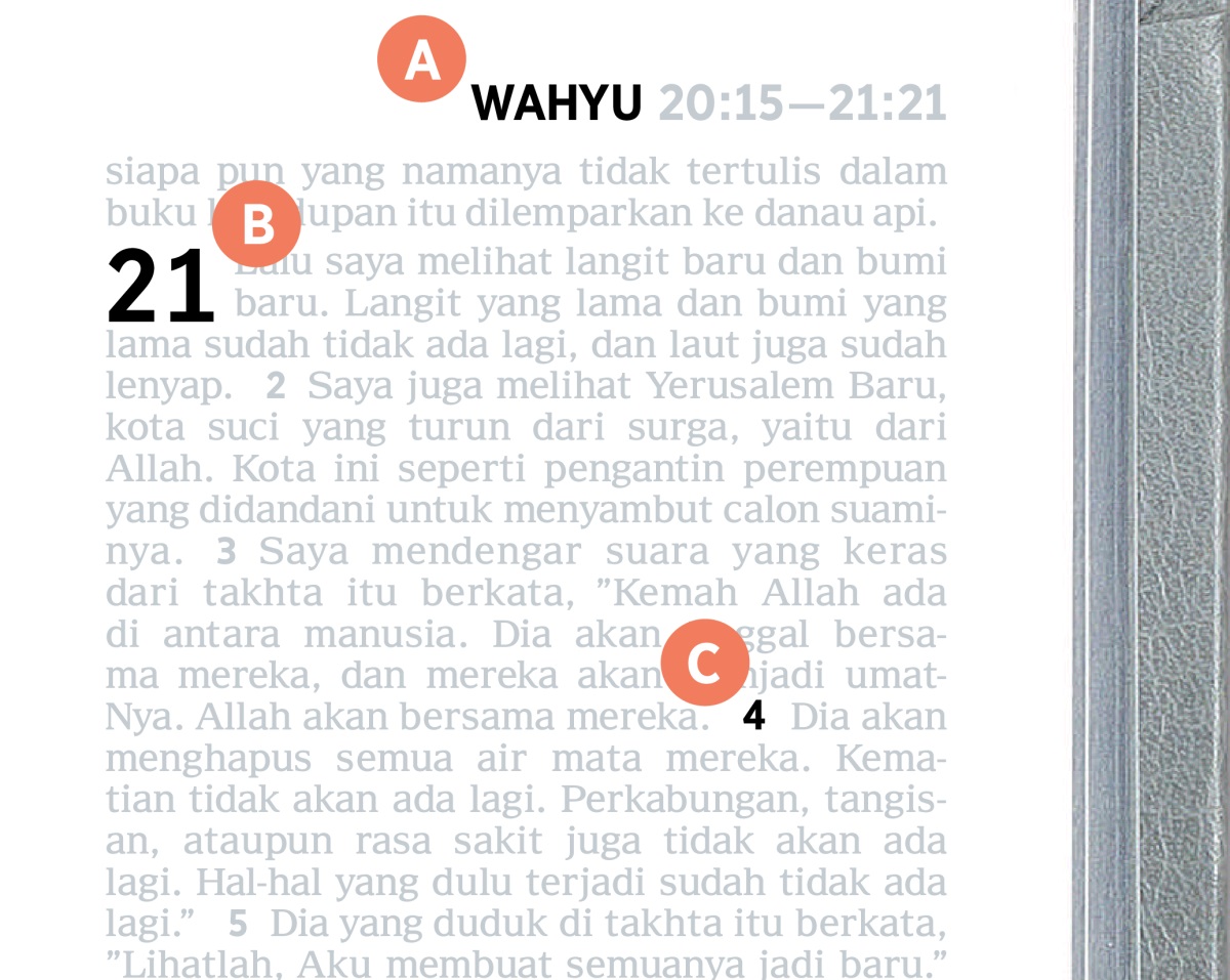Bagian A, B, dan C di halaman Alkitab.