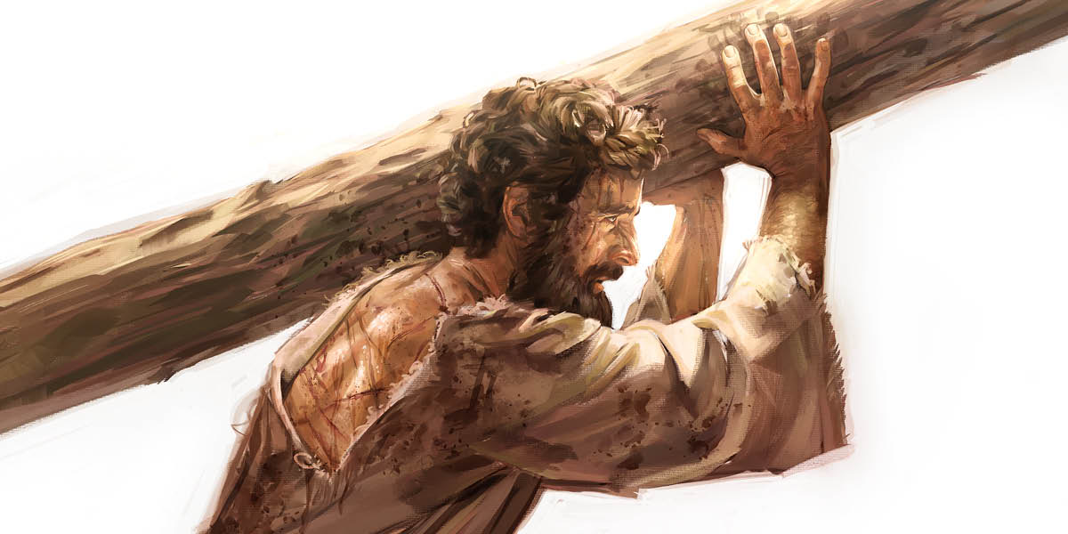 Yesus sedang memikul tiang siksaannya.