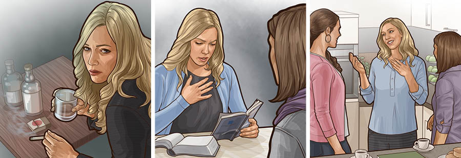 Gambar: Seorang wanita memutuskan untuk melayani Yehuwa. 1. Dia minum-minum dan merokok. 2. Dia sangat tersentuh dengan apa yang dia pelajari dari Alkitab. 3. Dia terlihat senang saat mengobrol dengan sesama penyembah Yehuwa.