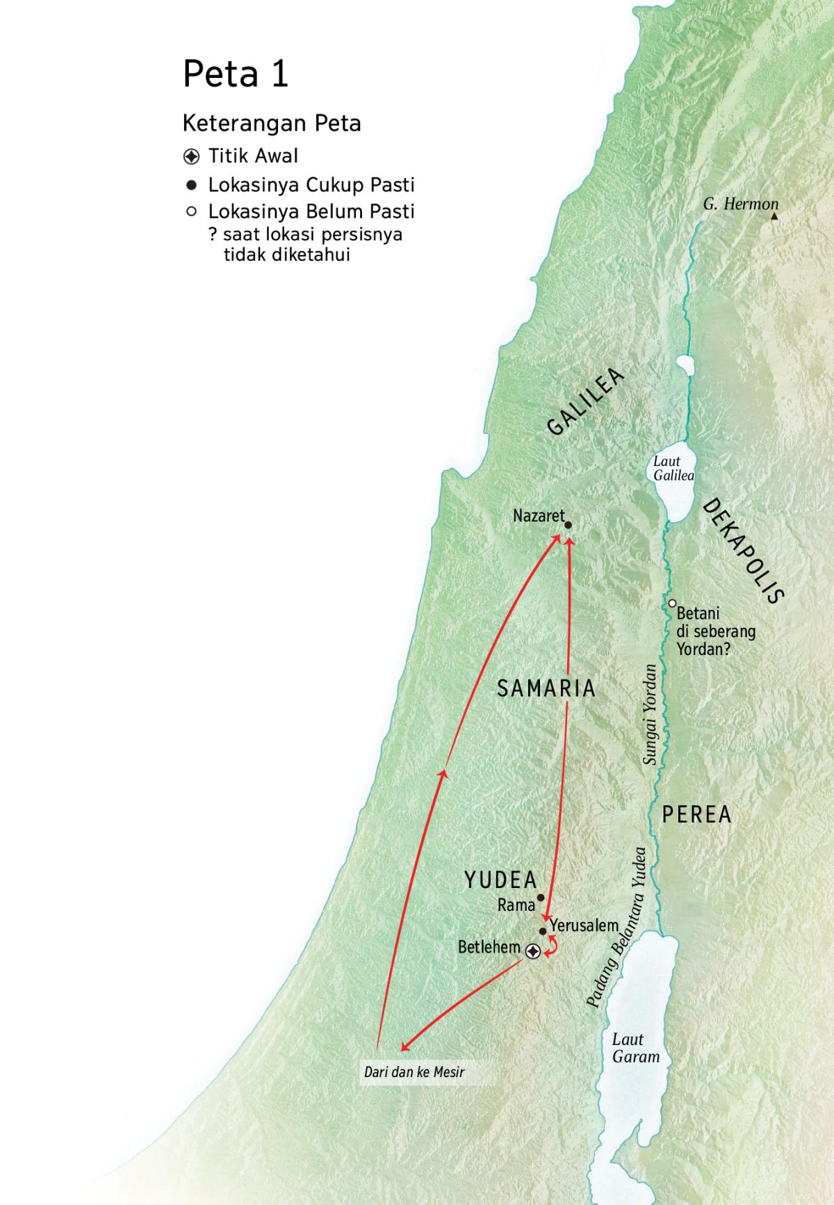 Peta lokasi yang berhubungan dengan pelayanan Yesus: Betlehem, Nazaret, Yerusalem