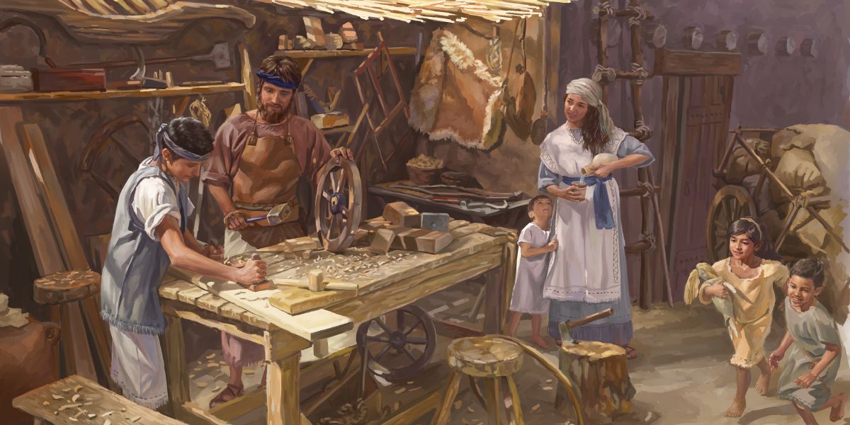 Ebe Josef na-akụziri Jizọs ọrụ ịkwa nkà. Meri na ụfọdụ ụmụnne Jizọs nọ ha nso