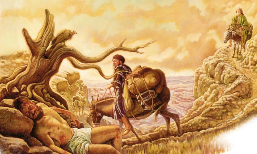 A priest and a Levite pass by a man who lies half dead on the road; a Samaritan approaches