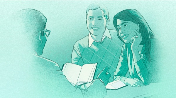 A young couple receive advice from a Christian elder; they read together from the Bible