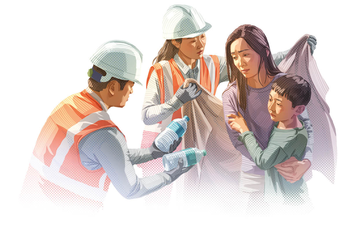 Two of Jehovah’s Witnesses helping a mother and her child who have just experienced a disaster. They wrap them in a warm blanket and give them clean water to drink.
