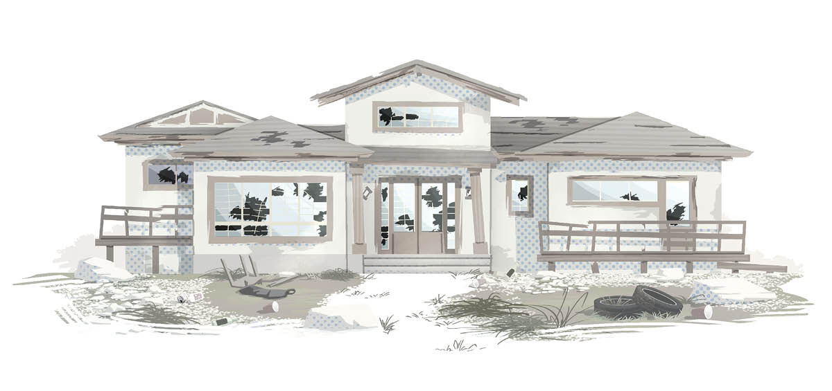 A. A house in disrepair. The roof is falling apart, the windows are broken, and the yard is littered with trash.