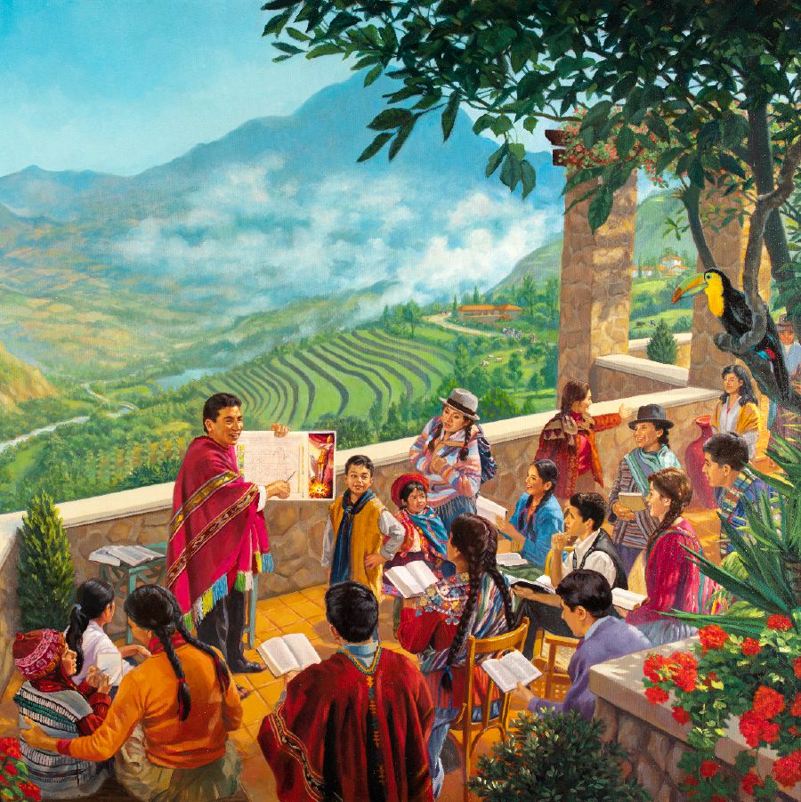 Adults and children enjoy life in a world without war, sickness, or death