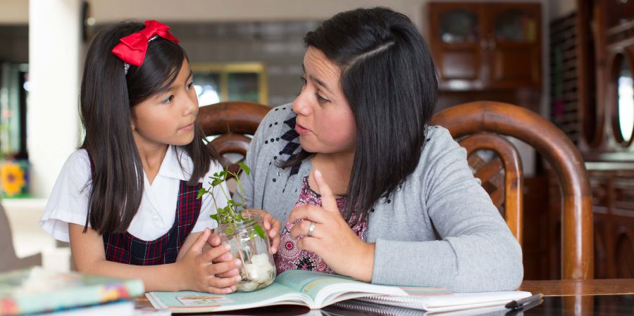 A mother teaches her daughter about Jehovah as they look at a plant together