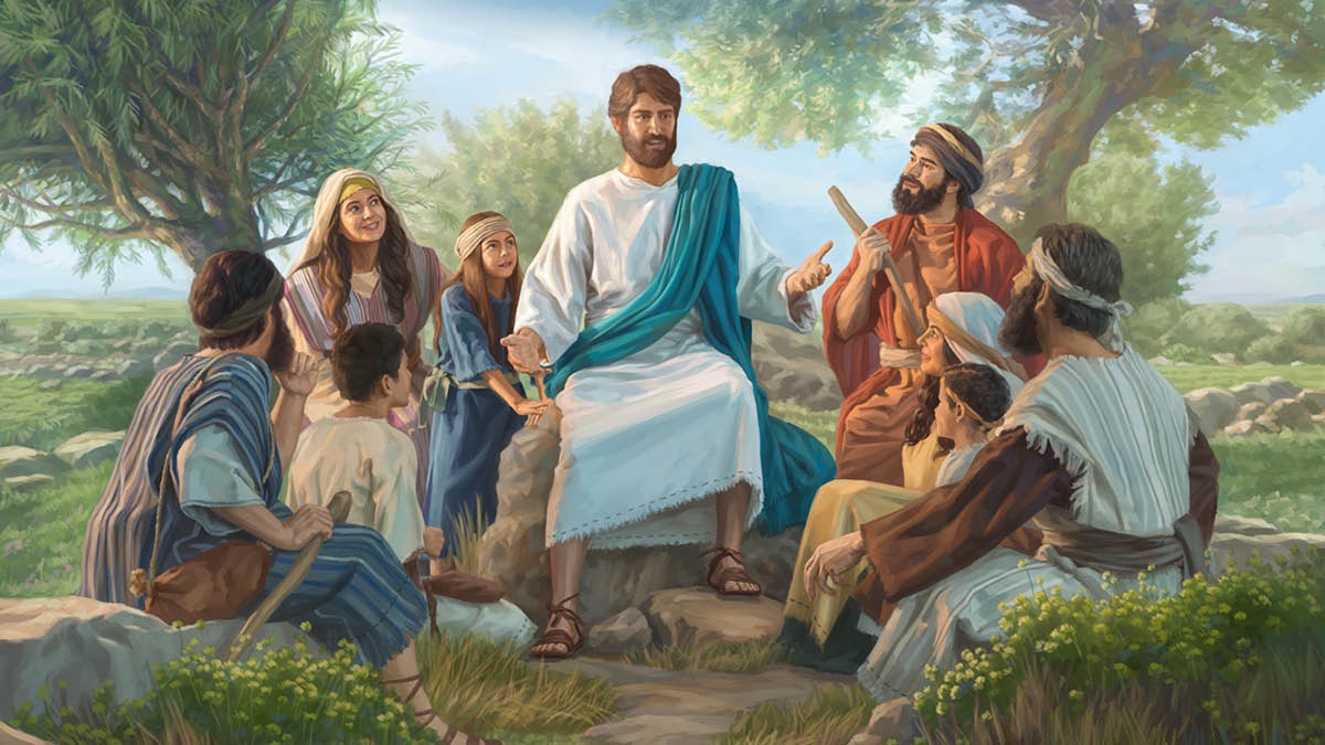 Men, women, and children gather around Jesus and listen to him