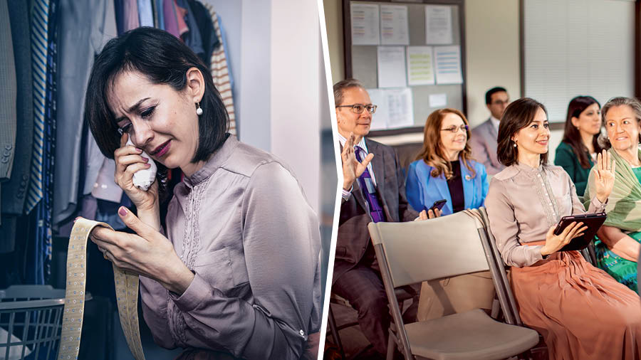 Collage: 1. A sister holds her deceased husband’s necktie and cries. 2. Later that day, she attends a congregation meeting and raises her hand to comment.