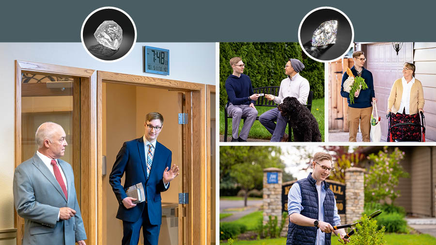 Below an inset of a rough uncut diamond, a younger brother arrives late for a meeting at the Kingdom Hall while an older brother looks critically at him. Collage: Below an inset of a polished cut diamond, three scenes of the younger brother. 1. He gives a contact card to a man on a park bench. 2. He carries groceries for an elderly woman. 3. He helps with landscaping work at the Kingdom Hall.
