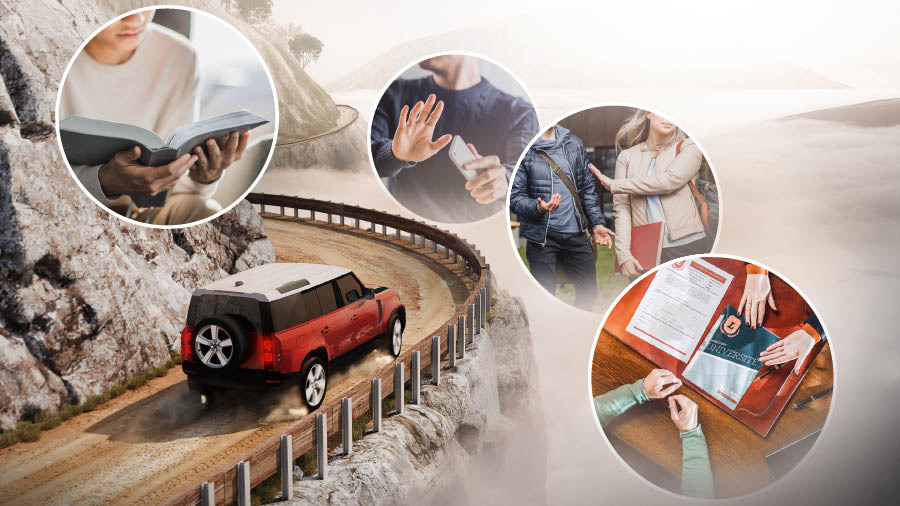 A guardrail protecting a vehicle being driven along the edge of a narrow mountain road. Collage: 1. A young brother reads the Bible. 2. A brother turns away from the screen of his smartphone. 3. A sister rejects association with a boy at school. 4. A sister is presented with brochures advertising a university education.