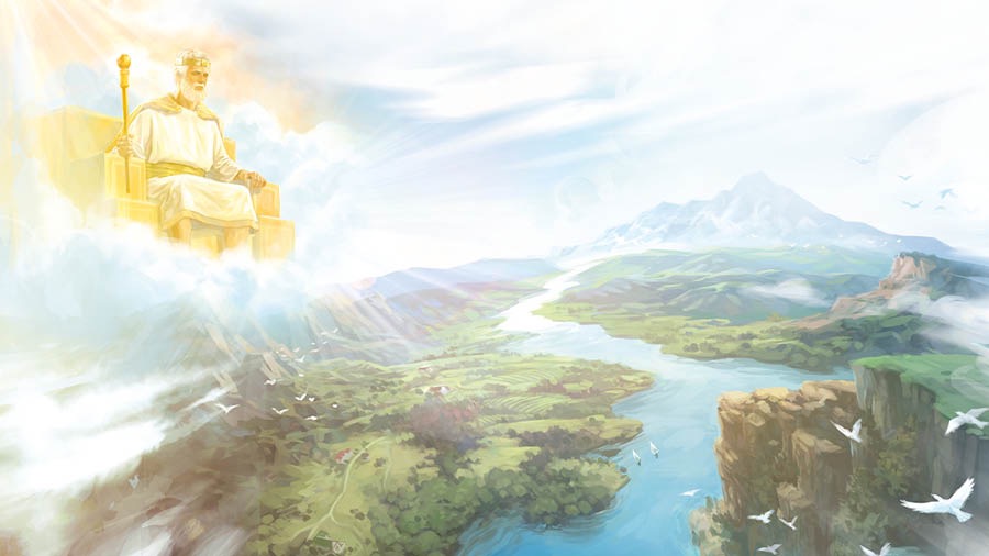 Jesus sitting on a throne in heaven, as King, above an earthly paradise.