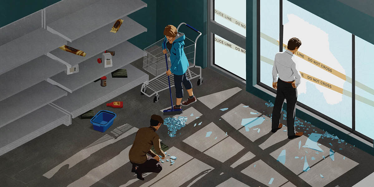 The owner of a looted store, staring out a broken window while employees clean up the broken glass.